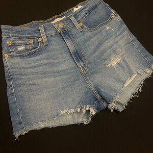 ~ Levi's 29 Jean Shorts Cut Off Hi-Rise Med Wash Distressed Frayed Raw Rips Blue
